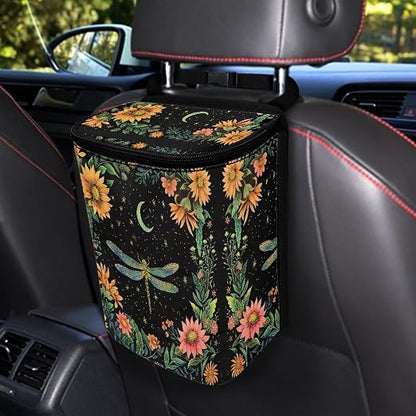 BIGCARJOB Dragonfly Car Trash Can Bin, Leak Proof Moon Floral Dragonfly Car Trash Bag, Hanging, Vehicle Trash Can for SUV Truck Van