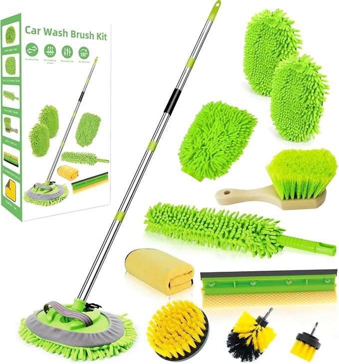 62" Car Wash Brush with Long Handle Chenille Microfiber Car Wash Mop Mitt, Wheel Brush, Windshield Window Squeegee, Car Duster Microfiber Towel, Gloves, Drill Brush, for Cleaning Cars RV Truck Boat