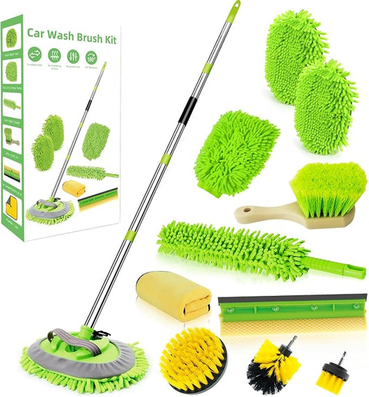 62" Car Wash Brush with Long Handle Chenille Microfiber Car Wash Mop Mitt, Wheel Brush, Windshield Window Squeegee, Car Duster Microfiber Towel, Gloves, Drill Brush, for Cleaning Cars RV Truck Boat