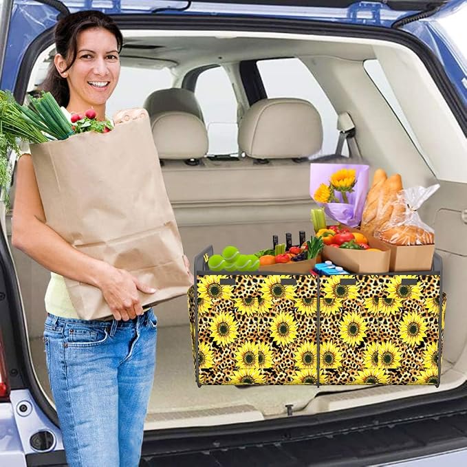 Homeve Car Trunk Organizer for SUV, 18.5Gal Large Capacity No-Sag Heavy Duty, Foldable Waterproof Anti-Slip Storage with 12 Pockets, Fit Sedan, Truck, Universal Car Accessories,Sunflower Leopard Print
