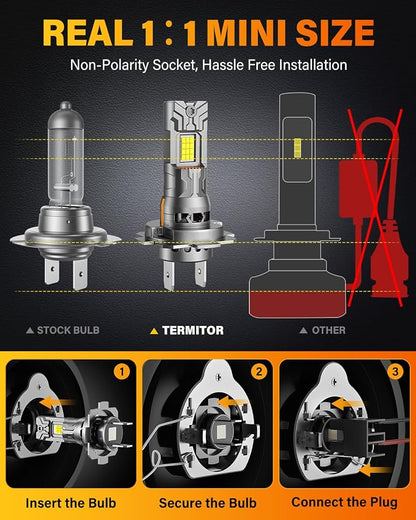 Termitor 2026 New Gen H7 Light Bulbs, High-Performance Bright 70000LM 14X With 18CSP Chips, 1:1 Mini Size Plug-N-Play No Adapter, 10 Years Lifespan IP68, Light Kit Pack of 2