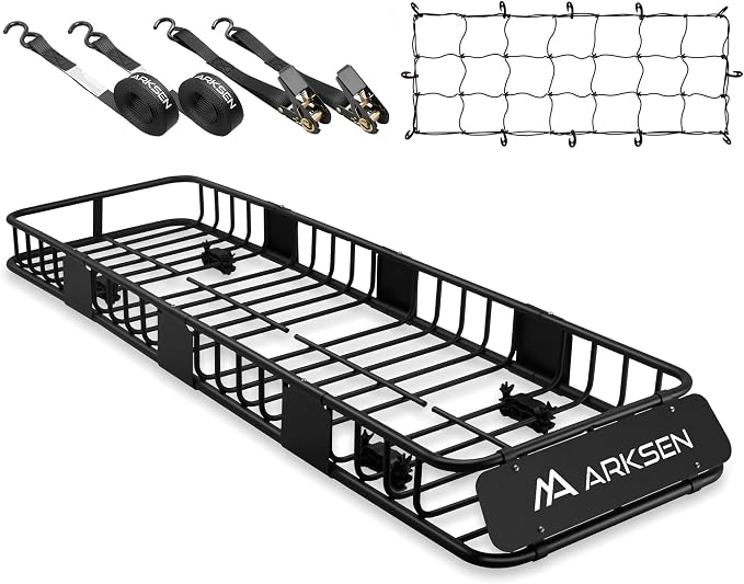 ARKSEN 84"x23"x6" Roof Rack Skinny Cargo Carrier with Basket, Net & Ratchet Straps Heavy Duty Weather Resistant Top Mount Cargo Rack, Luggage & Camping Gear Storage for Car, Truck or SUV Transport