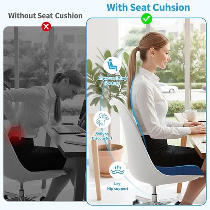 TranquilRelax Large Seat Cushion, Memory Foam Cushion for Long Sitting Hours on Office Chair, Home & Car, Non-Slip Chair Pad for Relieving Back & Sciatica & Hip & Coccyx Pain (Blue)