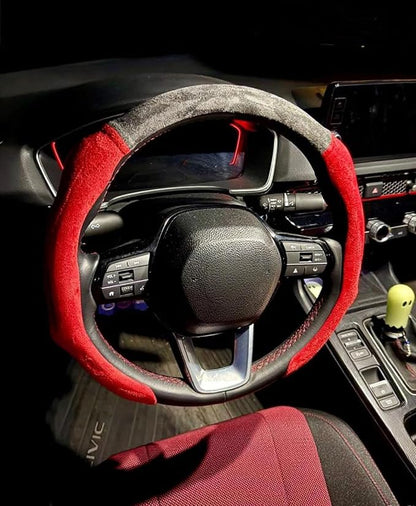 Quick Install Sporty Suede Steering Wheel Cover with Red Grips Universal fit Any 14 ½ to 15 inches Car SUV Pickup Steering Wheel