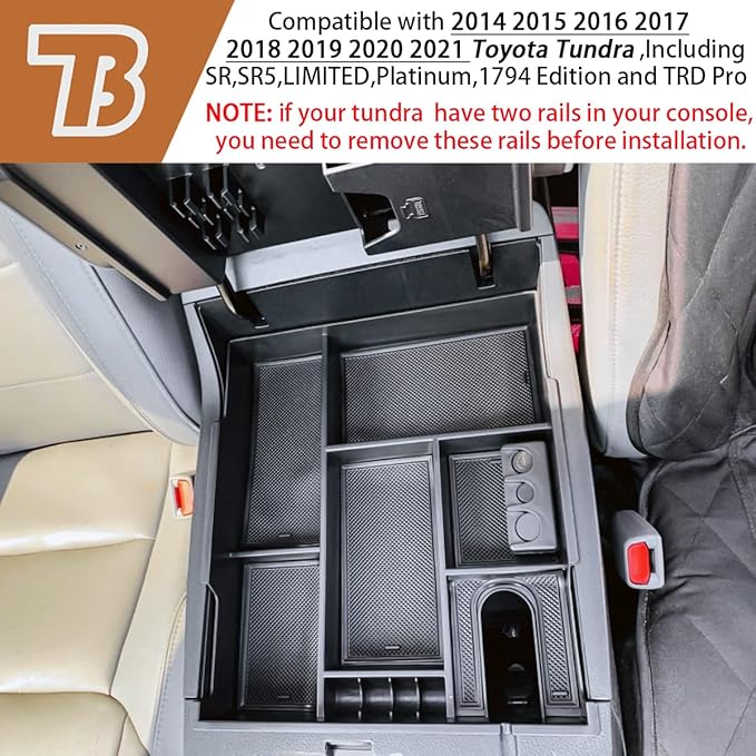 Center Console Organizer Compatible with 2014-2017 2018 2019 2020 2021 Tundra Accessories, Crewmax Interior Armrest Underseat Storage Box- Full-coverage Insert Tray, Black Trim