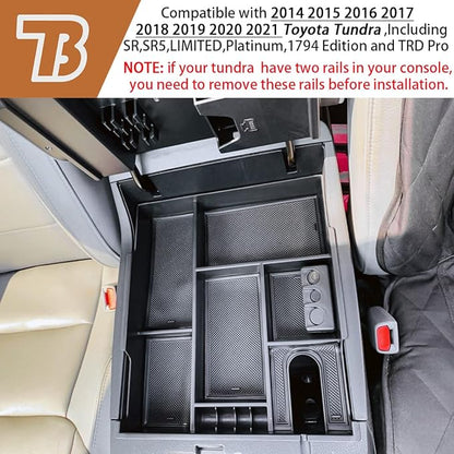 Center Console Organizer Compatible with 2014-2017 2018 2019 2020 2021 Tundra Accessories, Crewmax Interior Armrest Underseat Storage Box- Full-coverage Insert Tray, Black Trim