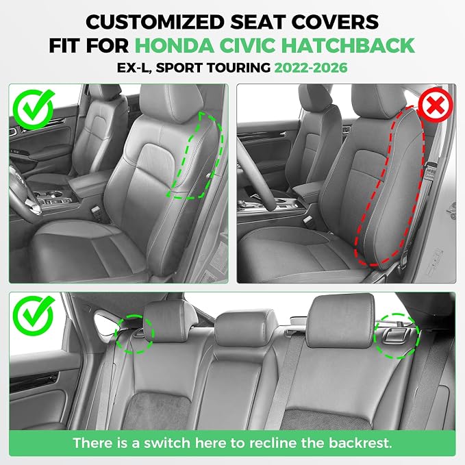 for Honda Civic Leather Seat Covers, Hatchback EX-L Sport Touring 2022-2026, Custom Fit Car Seat Cover Full Set, Waterproof Accessories, Black Blue (60/40 Split Benches-with Rear Armrest)