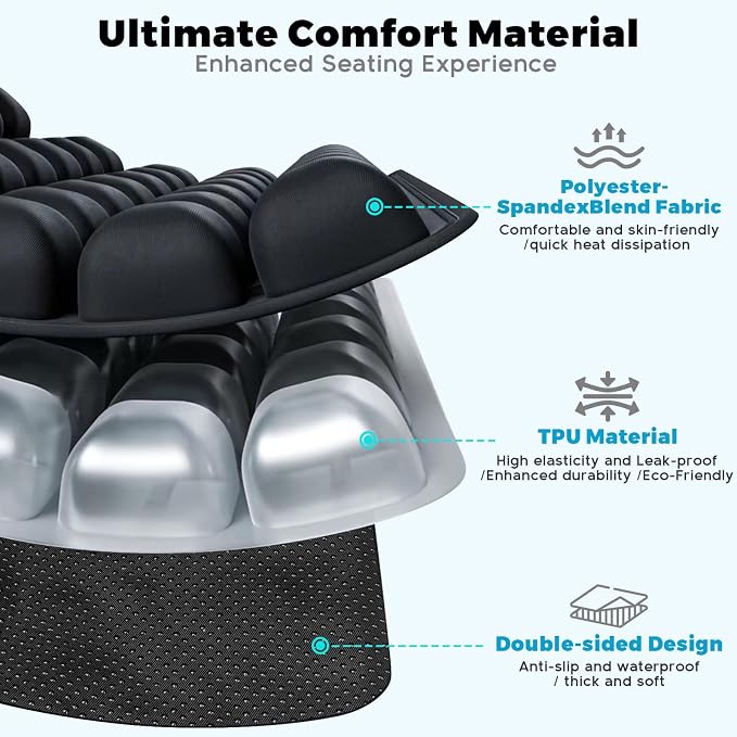 Inflatable Travel Seat Cushion, Airplane Seat Cushion for Long Flights & Car Rides, Portable Air Pad with Built-in Pump, Ergonomic Tailbone Buttocks Pain Relief for Office Chair, Wheelchair, Stadium