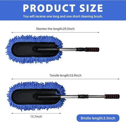 2 PCS Microfiber Car Dusters, Scratch Free Auto Exterior Dust Brust Set with Extendable Duster, Multipurpose Soft Brushes Dusting Supplies for Cars Trucks SUVs Motorcycles (Blue)