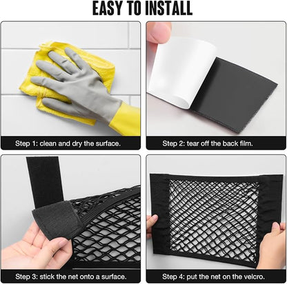 TOBWOLF 2PCS 25x60cm / 9.8x23.6in Car Storage Net Bag with Tape Stickers, Adhesive Mesh Pocket Net String Pouch Bag, Stretchable RV Storage Netting, Wall Sticker Organizer Pouch Bag for Home Storage