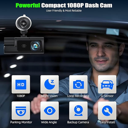 3 Channel Dash Cam Front and Rear Inside, 2.0'' 1080P Dash Camera for Cars, Dash cam Three Way Triple Car Camera with Super Night Vision,Wide Angle,Loop Recording, G-Sensor, 24 Hours Recording