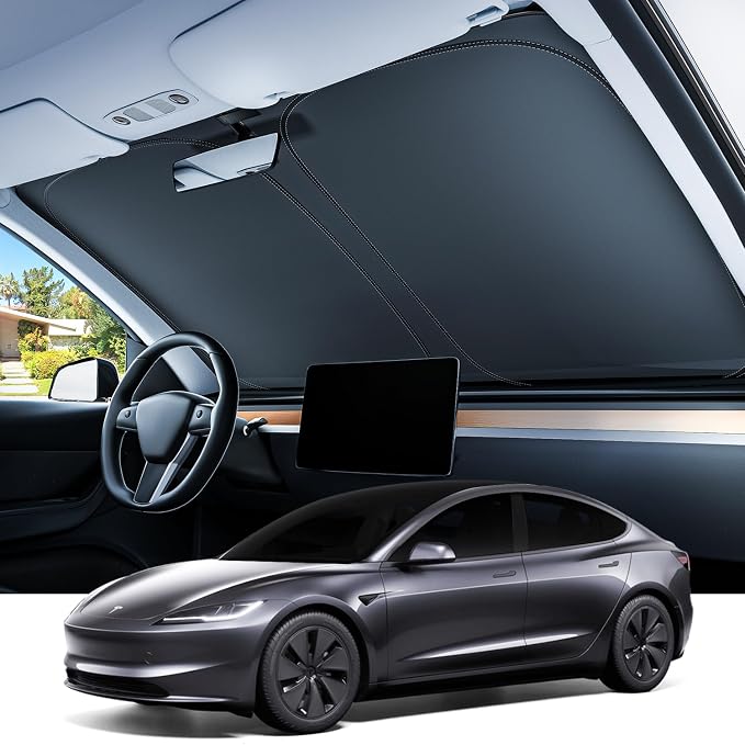 REEVAA Upgraded for Tesla Model 3 Highland 2016-2026 Windshield Sunshade [Tailored Fit, 99% Sun Protection] Foldable Sun Shade Car Accessories with Storage Bag
