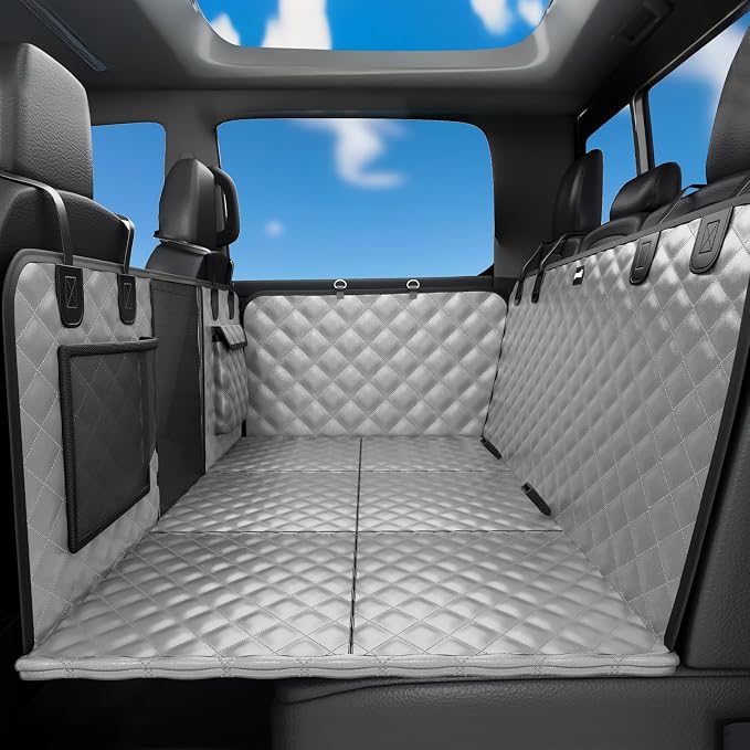 Pecute Back Seat Extender for Dogs 57 * 28.7 in, Upgraded Sofa Leather Dog Car Seat Cover for Back Seat, Foldable in the Car, Hard PVC Panels Bottom Support to 330 lbs, for Full Size Truck/SUV
