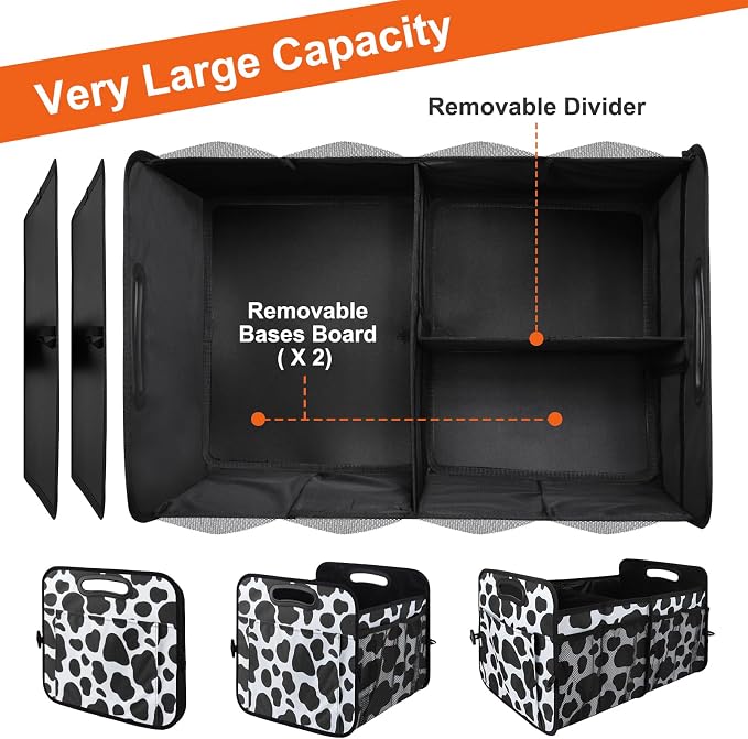 Trunk Organizer for Car, 72L Collapsible Waterproof Car Organizers and Storage, Car Accessories for Women and Men, Multi-Compartment Storage Organizer for SUV, Cow Print