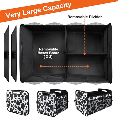 Trunk Organizer for Car, 72L Collapsible Waterproof Car Organizers and Storage, Car Accessories for Women and Men, Multi-Compartment Storage Organizer for SUV, Cow Print