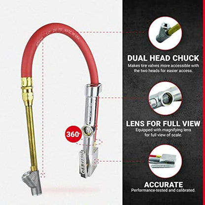 New & Improved - Tire Inflator Gauge with Dual Head Straight Foot Air Chuck 15” Air Hose 10-160 PSI