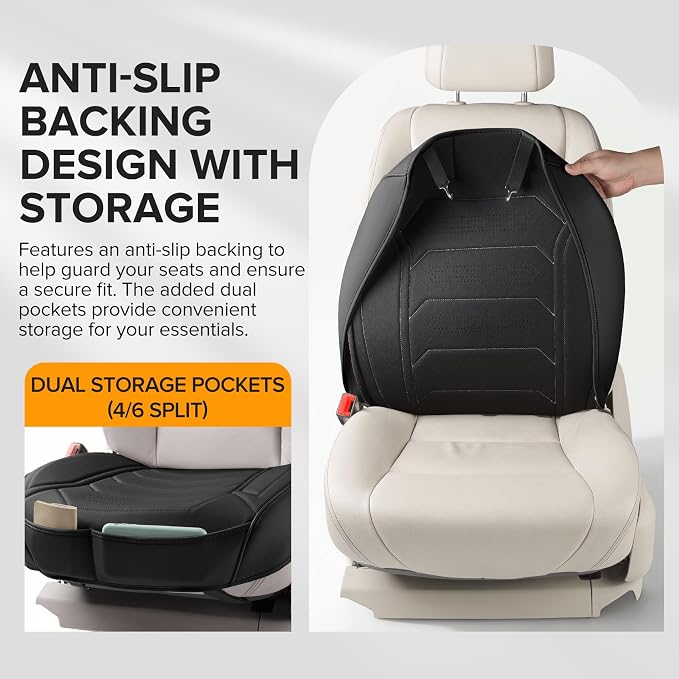 CAPITAUTO 2 Pack Bottom Car Seat Cover, Dual Storage Pockets Luxury Faux Leather Front Seat Covers for Cars, Super Breathable, Anti-Slip, Full Wrapping Edge - Fit for Most Sedans SUV Trucks (Black)
