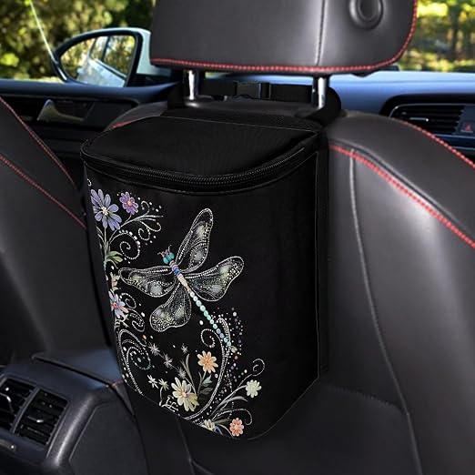 Talayituse Dragonfly Flower Print Car Trash Can with Lid, Leak Proof Auto Trash Bag Hanging Vehicle Garbage Can Multipurpose Storage Container for Back Seat Road Trip