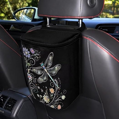Talayituse Dragonfly Flower Print Car Trash Can with Lid, Leak Proof Auto Trash Bag Hanging Vehicle Garbage Can Multipurpose Storage Container for Back Seat Road Trip