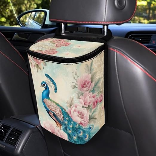 Talayituse Vintage Peacock Flower Print Car Trash Bin, Large Size Auto Trash Can Adjustable Portable Garbage Can with Lid, Vehicle Hanging Bag for Headrest Front Back Seat