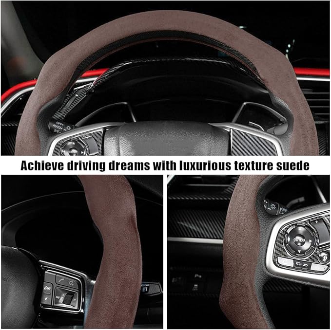Mandark Car Steering Wheel Cover, Suede Sport Vehicle Steer Wheel Protector Fitting 15 Inch, Non-Slip Comfortable Automotive Interior Decoration Accessories, Universal for Most Cars (Coffee)