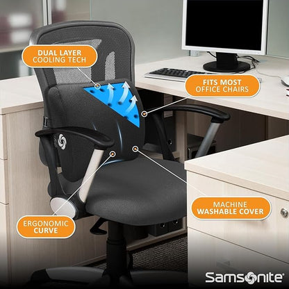 Samsonite Memory Foam Lumbar Support Pillow for Office Chair, Gaming Chair & Car Seat Automotive Use, Home Office Essentials for Sitting Comfort and Posture Relief Back Support, Black with Cooling Gel