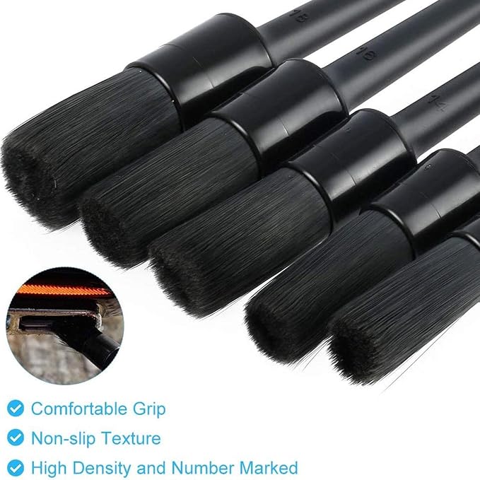 Auto Detailing Brushes - 5 Pcs | Long Bristles, No Scratches, 5 Boar Hair Car Cleaning Brush Kit with Plastic Grip for Vehicle Dashboard, Air Vents, Interior, Exterior, Engine &Wheels