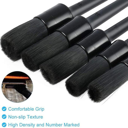 Auto Detailing Brushes - 5 Pcs | Long Bristles, No Scratches, 5 Boar Hair Car Cleaning Brush Kit with Plastic Grip for Vehicle Dashboard, Air Vents, Interior, Exterior, Engine &Wheels