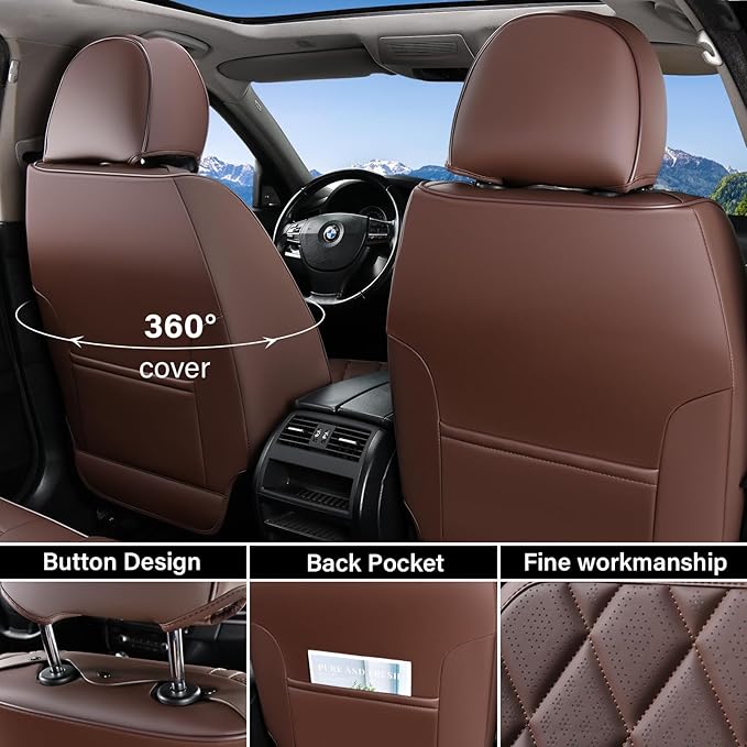 Coverado Car Seat Covers Full Set, Luxury Faux Leather Waterproof Seat Cover, Front and Back Car Seat Protector, Universal 5 Seat Leather Seat Cushion, Carseat Cover Fit Most Cars, Coffee