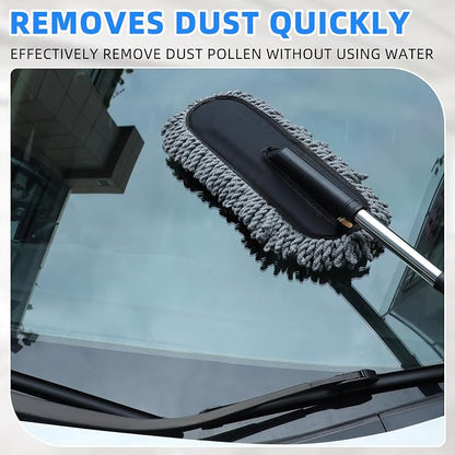 Tanlade 2 Pack Microfiber Car Duster Exterior Scratch Free with Extendable Handle Soft Car Duster Kit for Cleaning Dust Brush Set for Exterior Interior Cleaning Tools (Blue Gray)