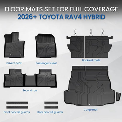 Floor Mats Set for 2026 Toyota RAV4 Hybrid, All Weather TPE Floor Liners Backrest Mat Trunk Mat Cargo Liner Door Sill Guards Accessories(Not Fit PHEV or Subwoofer Models)