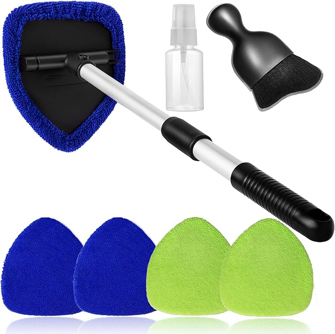 Qydipclin 7pcs Windshield Cleaner Tool Car Window Cleaning Wash Kit with 4 Reusable Microfiber Pads 1 Spray Bottle and Extendable Handle Auto Glass Wiper Kit, Blue&Green