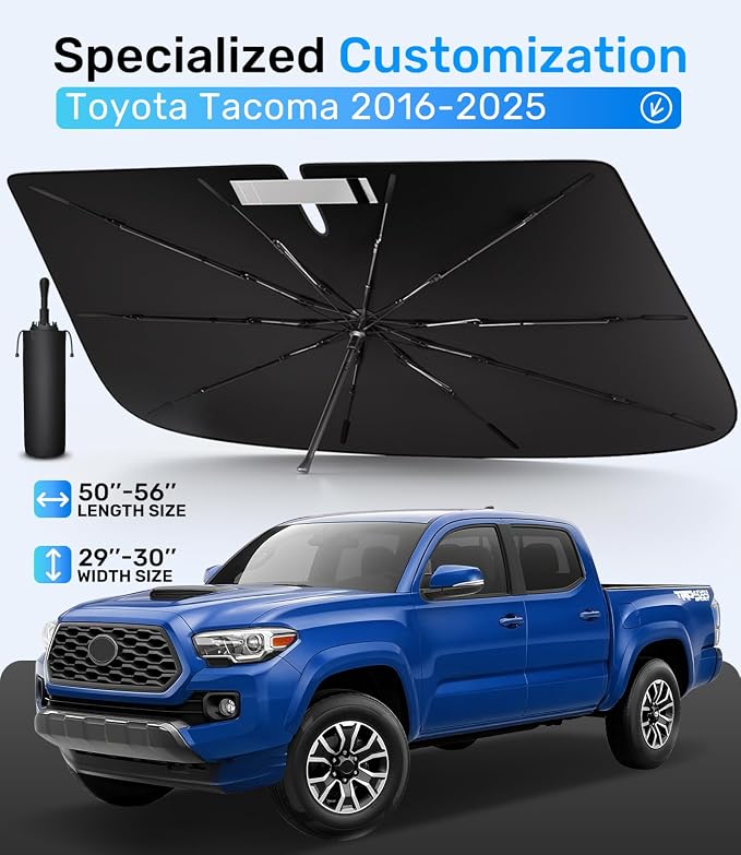 Zanch Upgrade Windshield Sun Shade, Custom Fit for Toyota Tacoma 2016-2025 [Titanium-Silver Reflective Coating] Blocks 99% UV & Heat, Sunshade Umbrella for Tacoma 2016 2017 ... 2022 2023 2024 2025