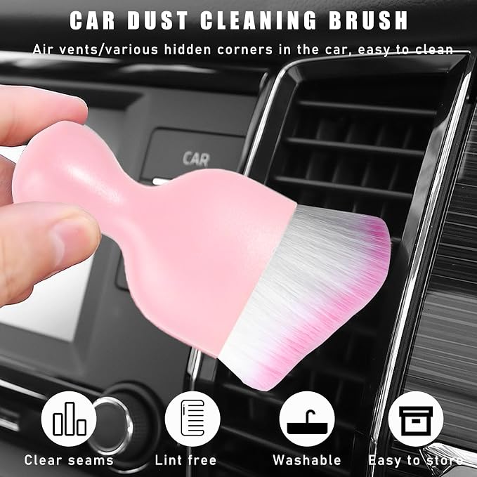 Dickno 2PCS Car Interior Dust Brush, Soft Scratch Free Auto Detailing Brushes, Universal Vehicle Interior Cleaning Tool for Automotive Dashboard, Air Vents, Leather (Pink & Pink)