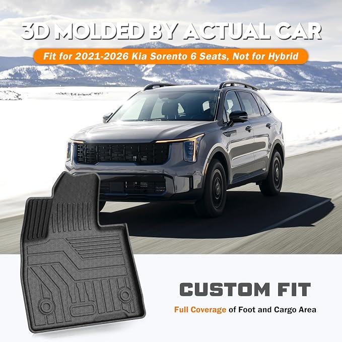 KUST Floor Mats Set for Kia Sorento 2021-2025 2026 (6 Seater, Not for Hybrid), All Weather Rear Trunk Cargo Liner with 2nd Row Back Seat Protector Full Set Car Mats Accessories TPE Rubber Raised Edge