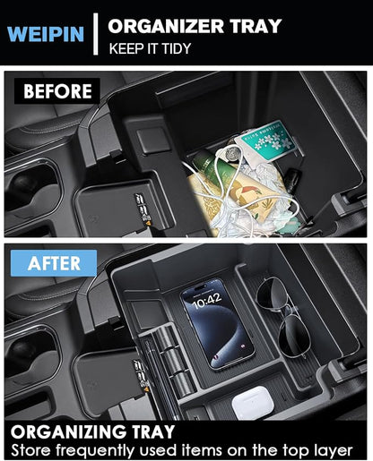 Silverado Sierra Center Console Organizer - Refreshed Models 2022-2026 Chevy Silverado/GMC Sierra 1500-2024-2026 Silverado/Sierra 2500HD 3500HD - (Full Console w/Bucket Seats ONLY) - Black