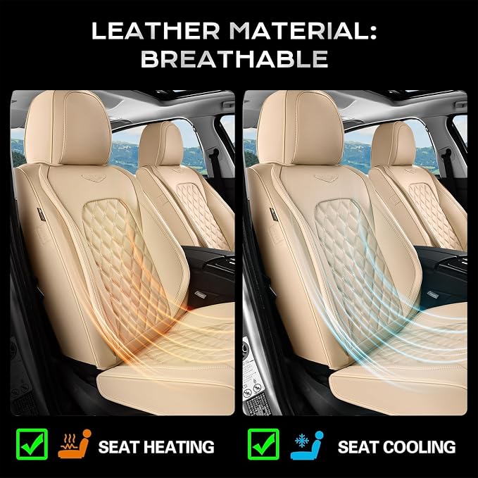 Coverado Front Car Seat Covers, Faux Leather Oil-Resistant Non-Slip Cushions, Universal Fit for Sedans, Pickups, SUVs, Waterproof Seat Covers, Car Seat Protectors – Beige