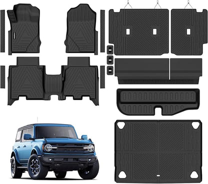 All Weather Car Floor Mats Cargo Liner with Backrest Mat for Ford Bronco 4 Door 2025 2024-2021(Not for Bronco Sport), TPE Rubber Liners Full Set Automotive Mats for 2025 Bronco Accessories