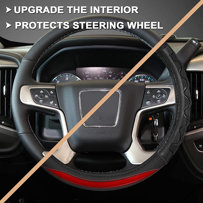 GIANT PANDA Steering Wheel Cover for GMC Sierra Acadia Terrain Yukon(3D Honeycomb-Red-Standard Size)