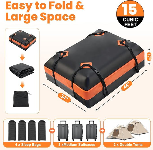DUMOS Car Rooftop Cargo Carrier 15 Cubic Feet, Car Roof Waterproof PVC Bag, with Anti-Slip Mat, Combination Luggage Lock, Reinforced Straps & Door Hooks, Fit Vehicles with/Without Roof Racks