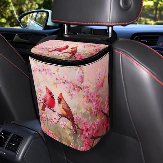 Cherry Blossom Cardinal Bird Print Car Trash Can with Lid Car Accessories for Men Women Trash Bin Hanging Back of Seat Collapsible Leak Proof Multipurpose Vehicle Garbage Can