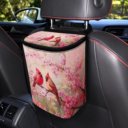 Cherry Blossom Cardinal Bird Print Car Trash Can with Lid Car Accessories for Men Women Trash Bin Hanging Back of Seat Collapsible Leak Proof Multipurpose Vehicle Garbage Can