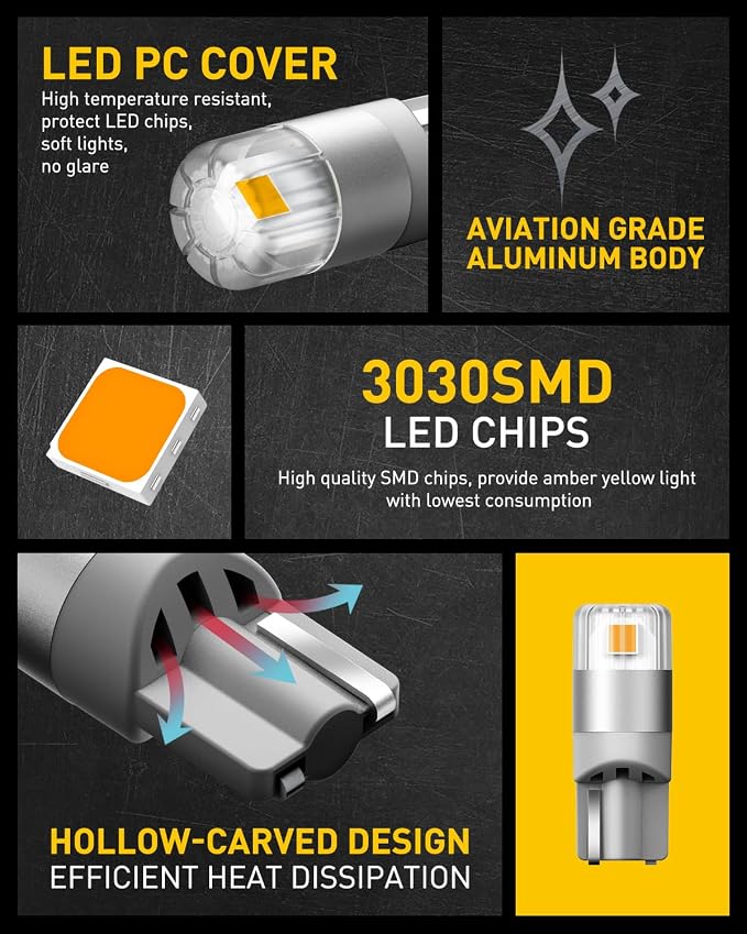 AUXITO 194 LED Bulbs Amber Yellow, Super Bright 1:1 Size, 168 175 2825 W5W T10 Car Bulbs for Dome Map Door Courtesy License Plate Lights Parking Side Marker Cornering Trunk Lights (Pack of 2)