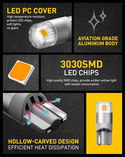 AUXITO 194 LED Bulbs Amber Yellow, Super Bright 1:1 Size, 168 175 2825 W5W T10 Car Bulbs for Dome Map Door Courtesy License Plate Lights Parking Side Marker Cornering Trunk Lights (Pack of 2)