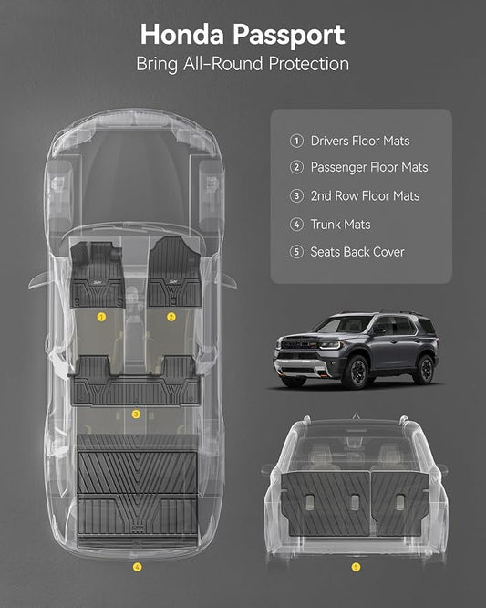 3W Floor Mats and Cargo Mat for Honda Passport 2026, All Weather TPE Custom Fit Passport Floor Liner 1st & 2nd Row & Trunk Mat with Backrest Mat, Full Set for 2026 Honda Passport Accessories, Black