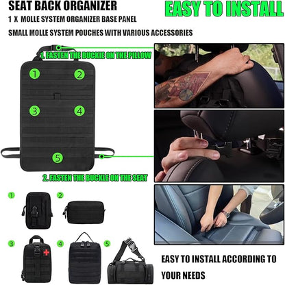 7 PACK Tactical Seat back organizer Truck organizer With 6 Detachable Pouches Universal For Car Truck Ford Jeep Military-Grade Heavier Panels With Multi-functional Packs (6 pack Black)