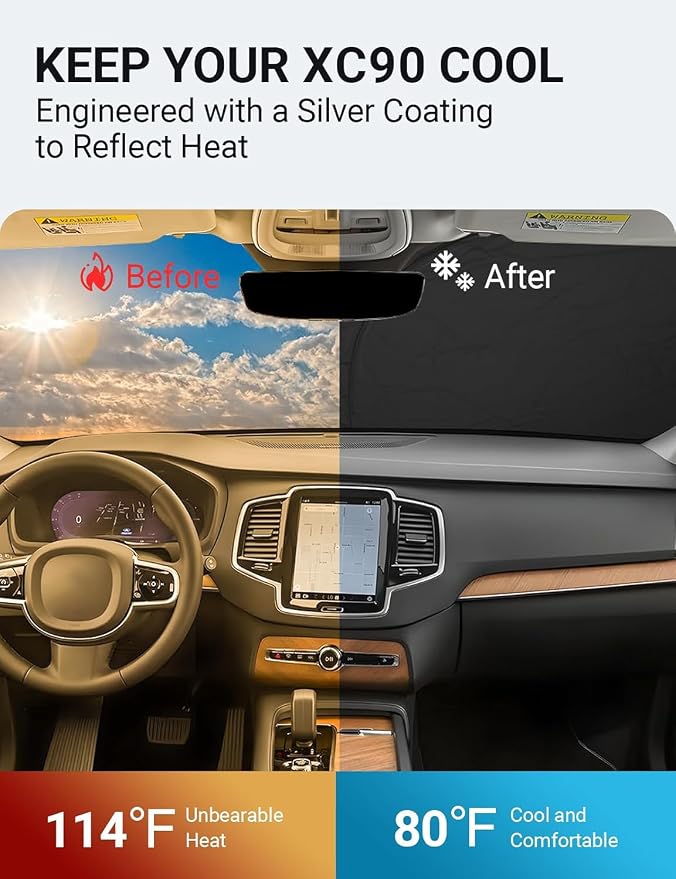 Proadsy Windshield Sun Shade for Volvo XC90 2016-2025 2026 4-Layer Foldable Front Sunshade Protector Sun Visor Blocks UV Rays Keep Car Cooler