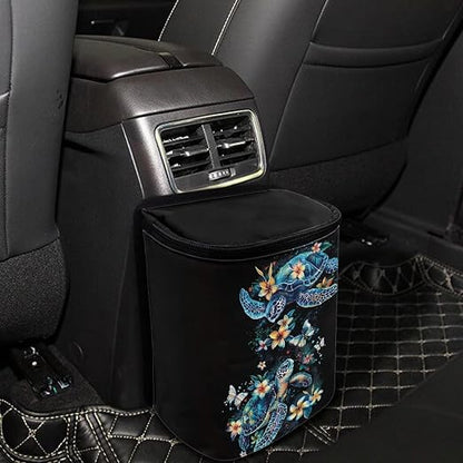 Talayituse Turtle Plumeria Print Car Trash Bin, Large Size Auto Trash Can Adjustable Portable Garbage Can with Lid, Vehicle Hanging Bag for Headrest Front Back Seat