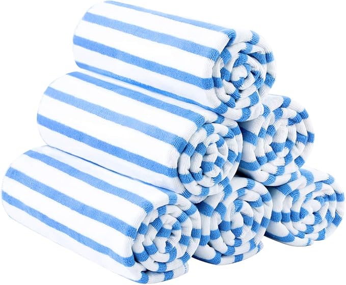 JML Microfiber Beach Towels, Large Bath Towel Set for Adult, 6 Pack, 27" x 55" - Cabana Stripe - Absorbent, Quick Dry for Pool, Bathroom, Sport, Yoga, Camping, Swimming, Dorm, Summer Party, Blue