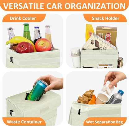 Vankor White Car Trash Can Cute, White Car Accessories for Women Waterproof Automotive Garbage Cans Leak Proof Vehicle Trash Can Diamond Pattern-Beige